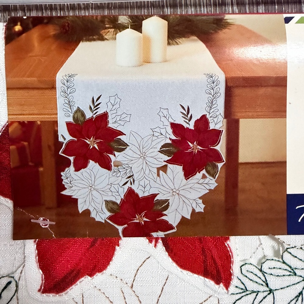 Winter Wonder Lane Christmas Poinsettia Table Runner 72in White Red Embroidered